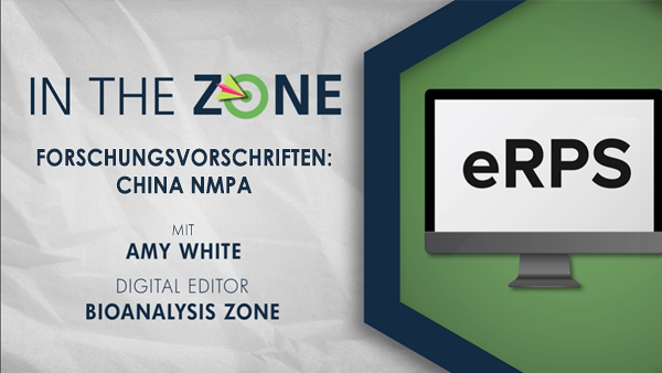Video-Miniaturansicht, die besagt: In the Zone Forschungsvorschriften: China NMPA mit Amy White; Digital Editor: Bioanalysis Zone mit Computerbildschirm mit eRPS darauf (rechte Seite der Grafik)